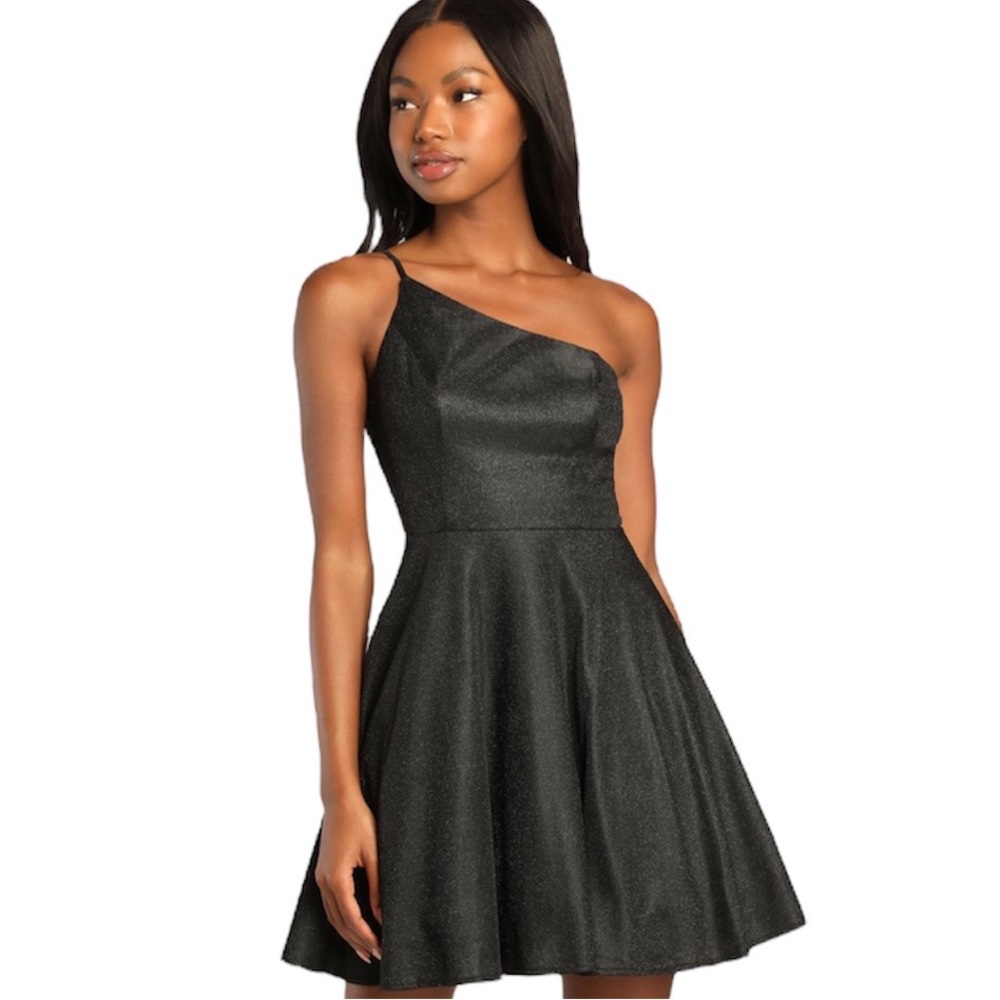 NWT Lulus Disco Dreaming Shiny Black One-Shoulder A-Line Mini Dress